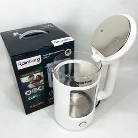 Електрочайник Rainberg RB-2220 скляний дисковий прозорий. Чайник із підсвічуванням 2200 Вт. Колір: білий