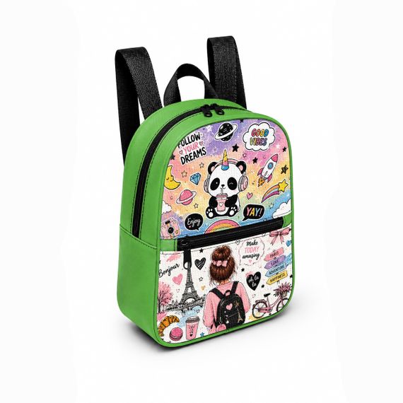 Детский мини-рюкзак зеленый с принтом Kawaii Panda для девочки 28×24×10 см мини-сумка детская (5261)