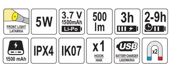 Ліхтар павербанк 1500 mА/г діод акумулятор Li-Po 3.7В 500Lm YATO YT-08556 | Зображення 8