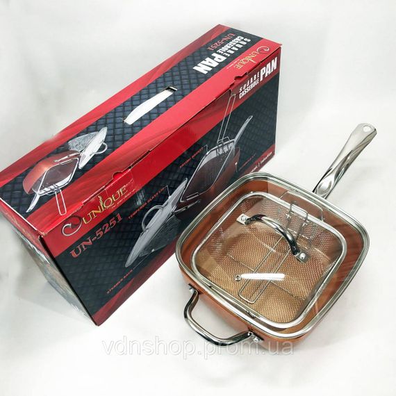 Сковорода-фритюрниця UNIQUE UN-5251 квадратна антипригарна з пароваркою та каструлею + скляна кришка 24 см UP-84 | Зображення 5