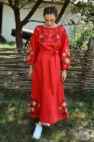 Платье  вышиванка в пол длинное лен красное