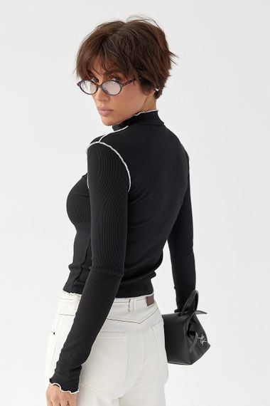 Лонгслів у рубчик з контрастними швами назовні - чорний цвет, L (є розміри) | Зображення 1