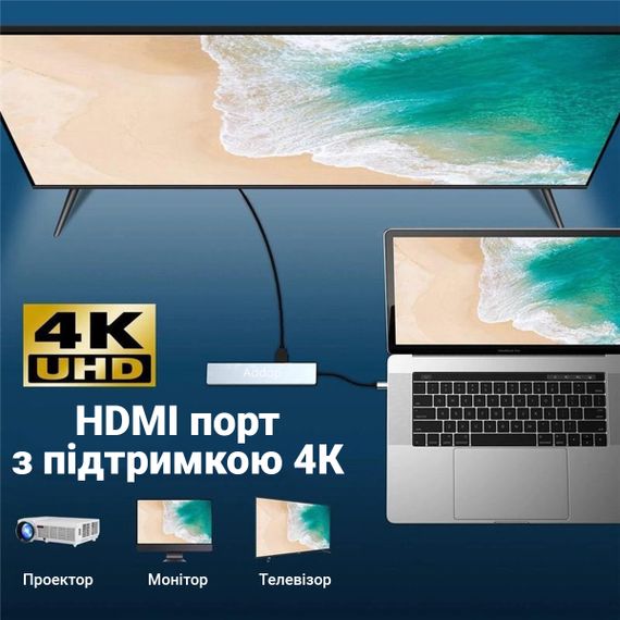 Мультифункциональный USB Type-C хаб Addap MH-04, 8 в 1: HDMI/HDTV + PD + USB C + SD + TF + RJ45 | Зображення 7