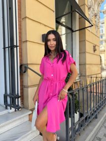 Женское летнее платье-рубашка с короткими рукавами на пуговицах турецкий лен-жатка adl773 цвет розовый, размер 46/48