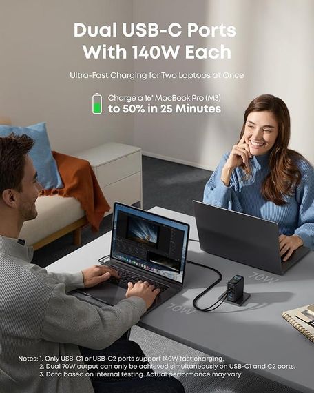 Сетевое зарядное устройство Anker Laptop GaN Charger 140W 3xUSB-C PD3.1 1xUSB-A Display Cable Black (B2697GZ1) | Зображення 5