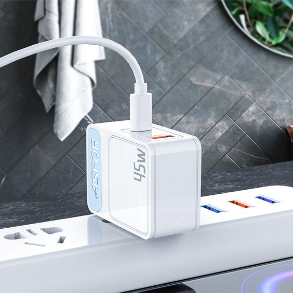 Мережевий зарядний пристрій Aspor A839 45 W PD QC (UCB C+A) 2в1 Type-C + Type-C-білий | Зображення 2