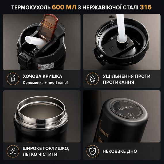 Термокухоль 600 мл з нержавіючої сталі 316 чорний – вакуумний термос з кнопкою, герметичний, для кави та чаю | Зображення 4