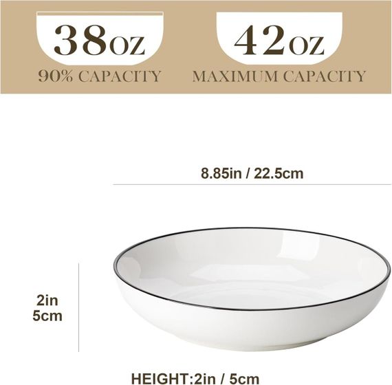 Тарелки глубокие набор 4 шт, фарфоровые сервировочные миски 22.5 см с черным кантом MALACASA салатницы суповые | Зображення 1