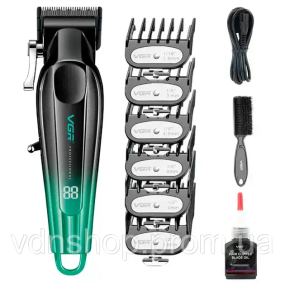 Аккумуляторная машинка для стрижки VGR V-662 GREEN, 7000 RPM, 6 насадок, LED дисплей