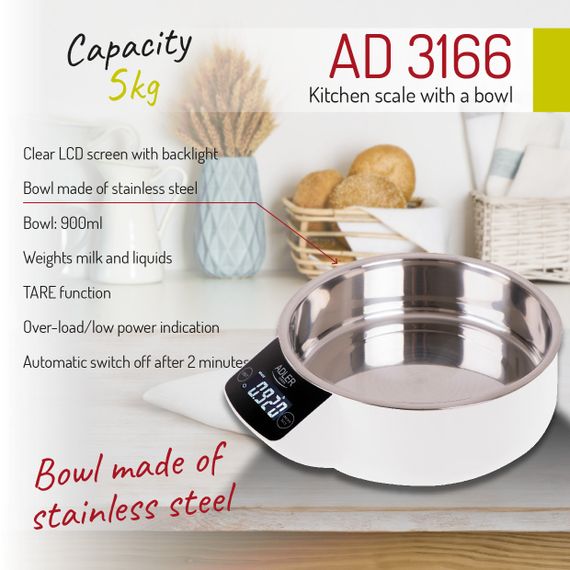 Ваги кухонні електронні Adler AD 3166 до 5 кг зі знімною чашею з нержавіючої сталі | Зображення 8
