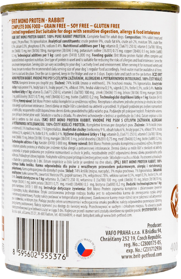 Вологий корм консерва Brit Mono Protein для дорослих собак, кролик 400г | Зображення 1