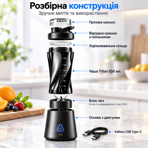 Портативный блендер-шейкер D7 2 в 1, 650 мл, 6000 мАч, 360 Вт, 6 стальных лезвий, Tritan BPA-free | Зображення 4