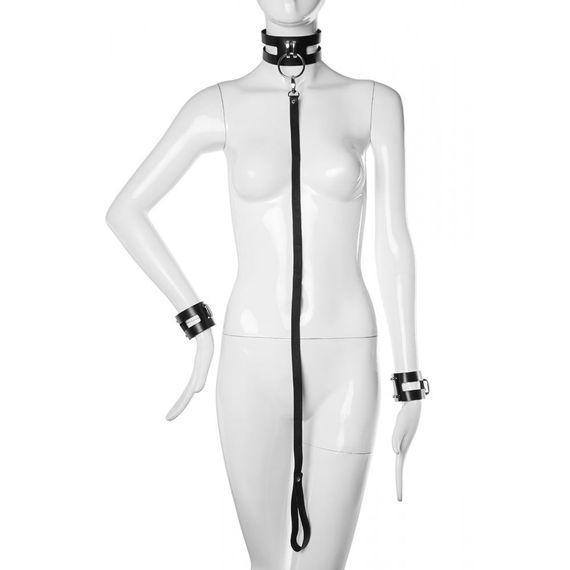 Нашийник з повідцем та наручниками Candy Hero Fet25 натуральна шкіра, чорні, XS-M sexstyle