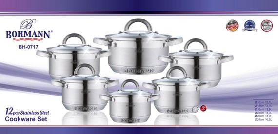 Набор кастрюль Bohmann BH-0717, 12 предметов нержавеющая сталь, для индукции | Зображення 9