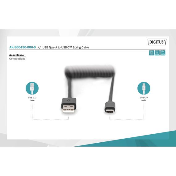 Дата кабель USB 2.0 AM to USB-C 1.0m (0.32m) spiral black Digitus (AK-300430-006-S) | Зображення 5