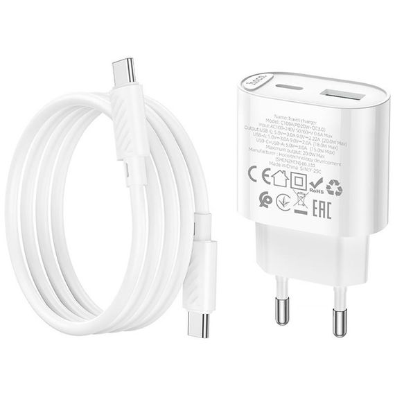 СЗУ Hoco C109A Fighter PD20W+QC3.0 (1USB-A/1C) + кабель Type-C to Type-C White | Зображення 5