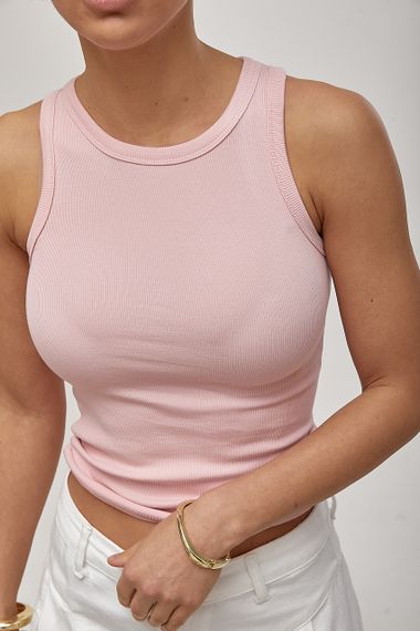 Приталена однотонна майка в рубчик - пудра цвет, ONE SIZE (є розміри) | Зображення 3