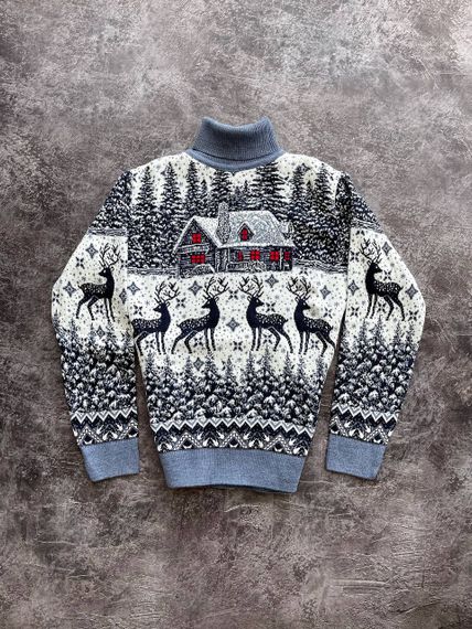 Мужской новогодний свитер Олени домик PA0001 цвет голубой, размер XL