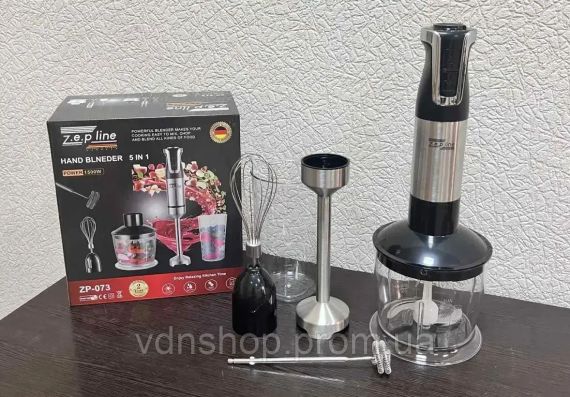 Блендер ручной 5 в 1 на 1500 Вт с измельчителем и насадками миксер и вспенитель молока 20 скоростей Zepline | Зображення 1