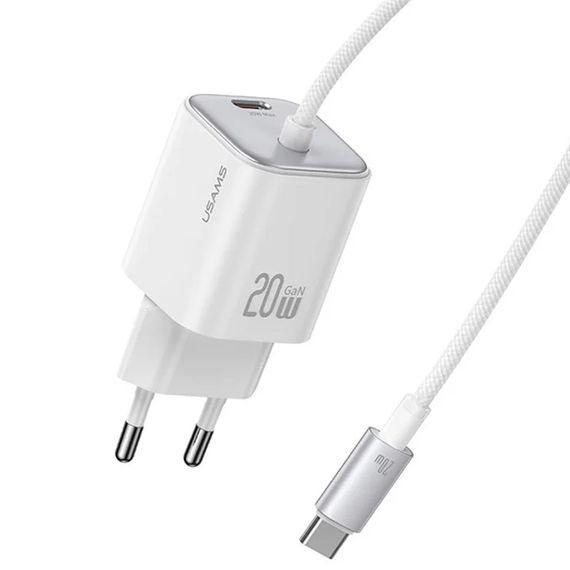 МЗП Usams US-CC261 GaN JC Ser. 20W (2USB-C) + кабель Type-C to Type-C White