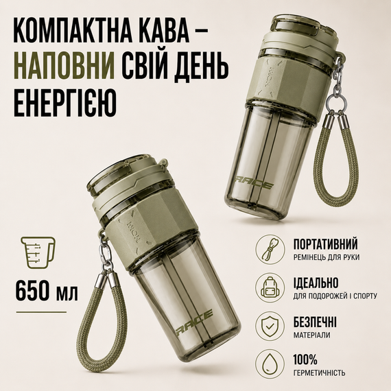 Двухсекционный стакан-тамблер RACE Dual-Sip 650 мл с соломинкой и ремешком (Хаки) | Зображення 3