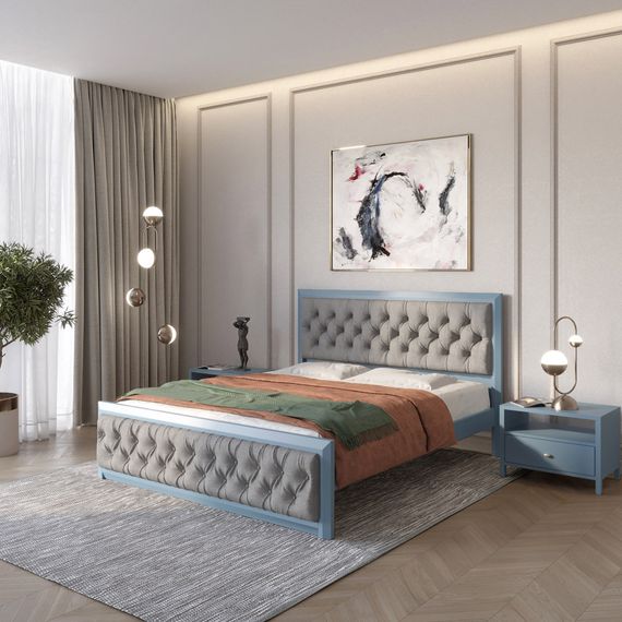 Односпальне дерев&#039;яне ліжко Mebigrand Барселона Б3 Сіро-синій (S7010R90B)/Аляска 93 (Сірий) 80х200 см (MBG-13861)