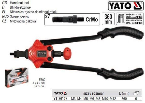 Заклепочник YATO Польша ручной двуручный резьбовой М3-12 l=360 мм YT-36128