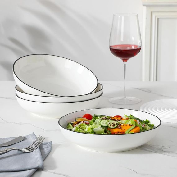 Тарелки глубокие набор 4 шт, фарфоровые сервировочные миски 22.5 см с черным кантом MALACASA салатницы суповые | Зображення 6