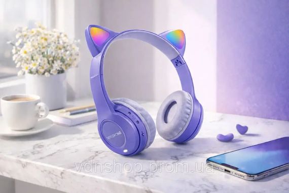 Беспроводные наушники с кошачьими ушками и лед подсветкой Cat Ear Y47 Led, Bluetooth наушники с микрофоном Сиреневый