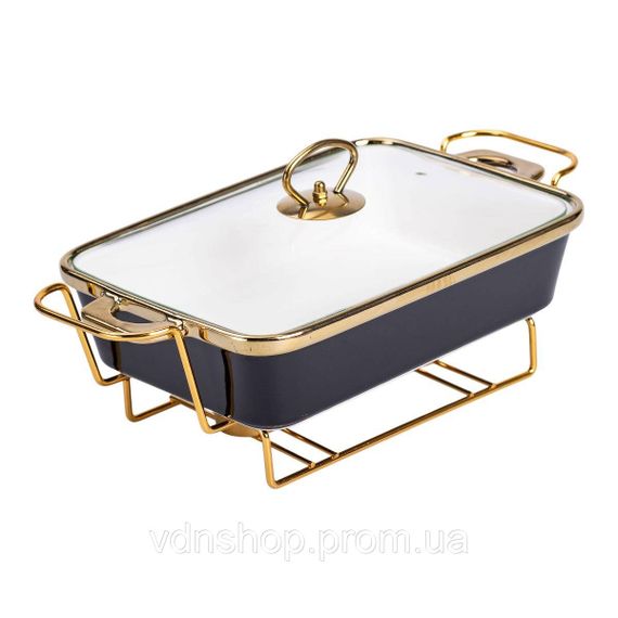 Марміт порцелянаовий зі скляною кришкою 35.5х19х15.5 см на металевій підставці 1,5 л Чорний HTJ-1002 | Зображення 1