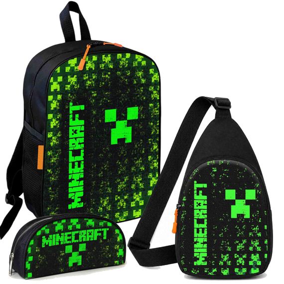 Набор Minecraft лицо Крипера 3 в 1: детский рюкзак + сумка-слинг + пенал, для мальчика и девочки 7–9 лет (6141)