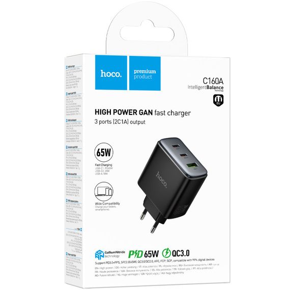 СЗУ Hoco C160A Upgrade PD65W+QC3.0 (1USB-A/2C) Black | Зображення 1