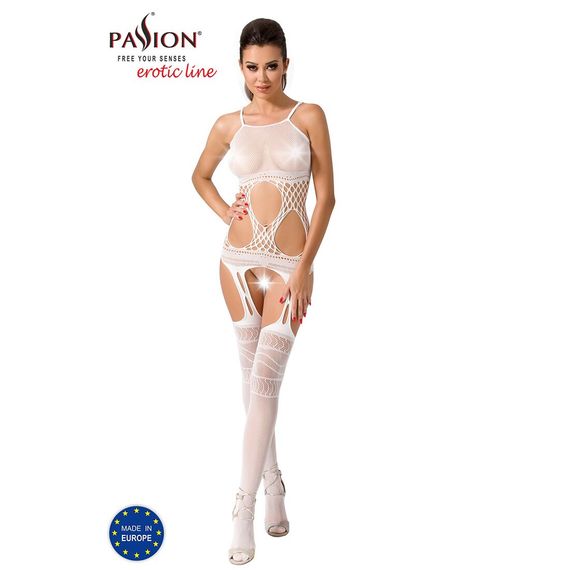 Бодістокінг Passion BS047 white, комбінезон, імітація топа, панчіх і пояса | Зображення 1