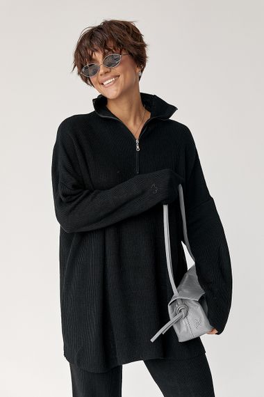 Вільний костюм в рубчик зі светром і прямими штанами - чорний цвет, ONE SIZE (є розміри) | Зображення 2