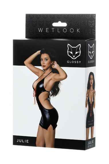Платье Glossy Julie из материала Wetlook с красной шнуровкой, черное - XL sexstyle