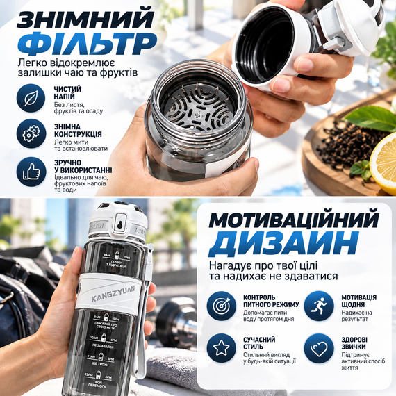 Спортивная бутылка KANGZYUAN 700 мл - Белая Tritan BPA-free, ударопрочная эко-бутылка с фильтром и ремешком | Зображення 3