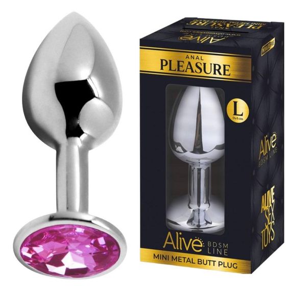 Анальна пробка Alive Anal Pleasure, L, з рожевим каменем, срібляста, 9 х 4 см Sex Aura