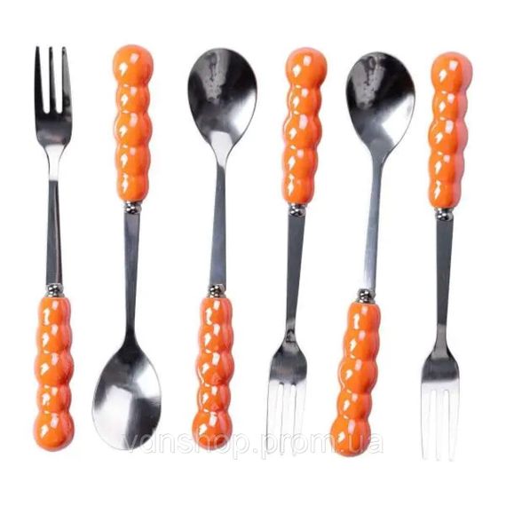 Набір десертних виделок і ложок на 3 персони з підставкою з порцелянау 7 предметів Помаранчевий HP-20-60 | Зображення 3