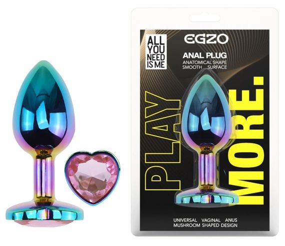 Анальна пробка EGZO Multicolor Heart Plug S з рожевим кристалом, райдужний метал Sex Aura