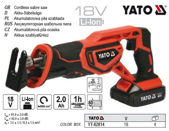 Пила сабельная YATO Польша аккумуляторная 18В 2 А/ч YT-82814