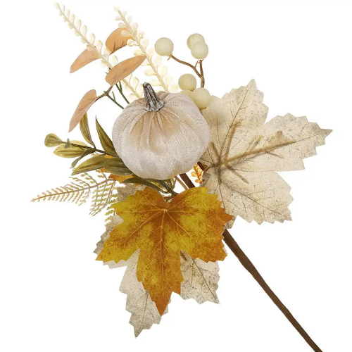 Декоративна гілка з оксамитовим гарбузом, ягодами та листям 36см, колір - кремовий