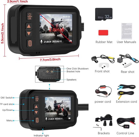 Відеореєстратор для мотоцикла водонепроникний 2 камери передня та задня, нічне бачення, G-Sensor, DVR з 32GB картою, мото камера | Зображення 7