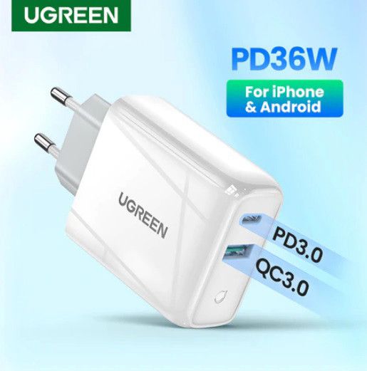 Адаптер питания для телефона Ugreen CD170 White USB+USB Type-C Wall Charger 36W 3A | Зображення 3
