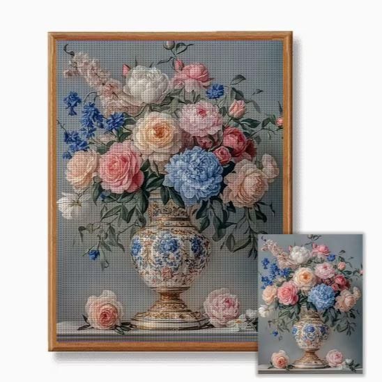 Набор для вышивки крестом JOZYSH "Натюрморт в голубой везе" 14CT, 30x40 см, канва Аида с нанесенным рисунком