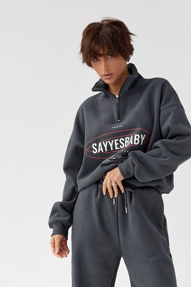 Теплий спортивний костюм із принтом - темно-сірий цвет, S/M (є розміри) | Зображення 2