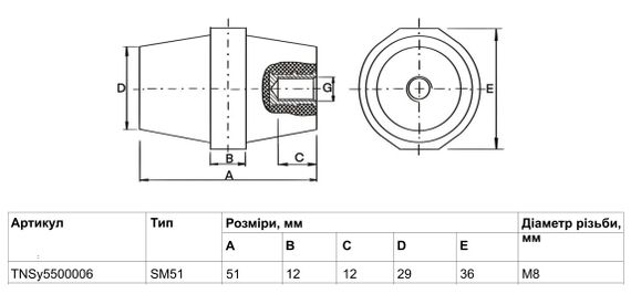 Изолятор SM51 М8 с болтом (51*36 15kV) Ny95500006 | Зображення 1