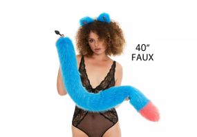 Анальный меховой хвост без пробки, Ярко-голубой с ярко-розовым кончиком, OKOVA 100 см. sexstyle