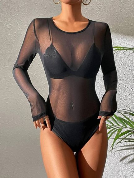 Женский боди сетка с длинным рукавом (прозрачный) RO140 цвет черный, размер 44/46 | Зображення 4