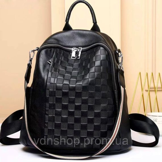 Кожаный женский рюкзак с тиснением 25х30х11, сумка наплечная с шахматным узором, черная