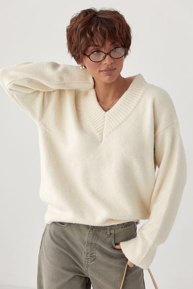 В'язаний однотонний пуловер вільного фасону - молочний цвет, ONE SIZE (є розміри)